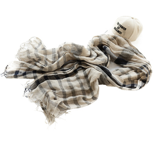 秋冬亚麻围巾女士黑白格子条纹文艺丝巾棉麻围巾百搭长薄款棉麻男