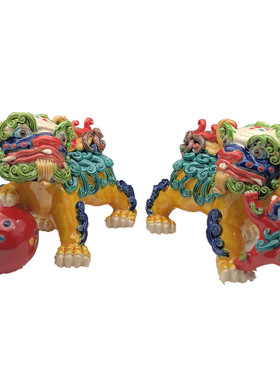 招财狮子客厅工艺品石湾陶瓷中式