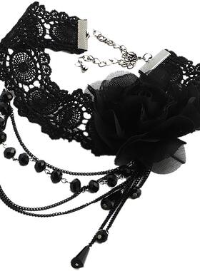 蕾丝原创手工黑色花朵流苏项链