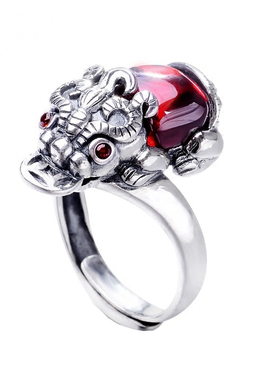 纯银石榴石复古貔貅戒指泰银