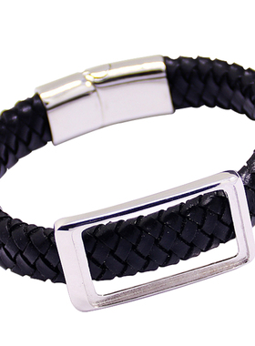 纯银手镯空托方形皮绳DIY松石