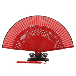 中国风大红纯色女式舞蹈扇子儿童古风汉服随身小折扇跳舞旗袍走秀