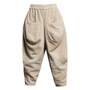 灯芯绒休闲裤子女秋冬新款哈伦裤大码百搭松紧腰垮裤七分条绒靴裤