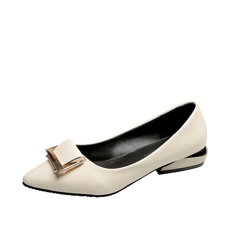 品牌断码尖头低跟粗跟真皮四季单鞋女浅口平底漆皮蝴蝶结工作女鞋