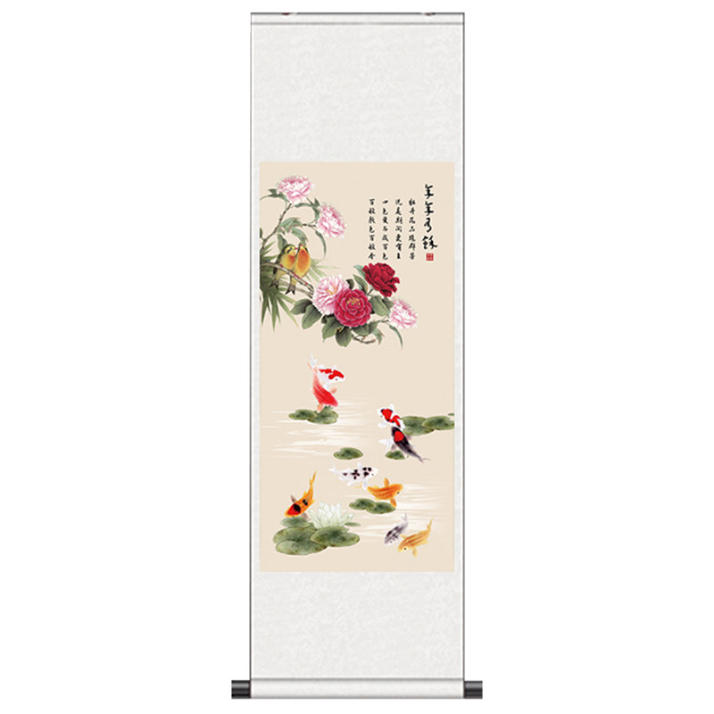 荷花九鱼图丝绸挂画礼品卷轴画送老外批量定制年年有余牡丹双雀图