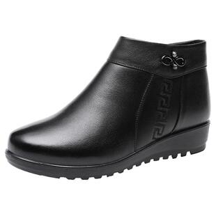 红蜻蜓女鞋冬季新款牛皮妈妈鞋高帮平底时尚保暖加绒防滑舒适透气