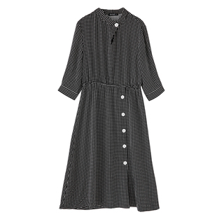 欧美·大码女装春秋新款黑白格子七分袖立领a字垂感衬衫连衣裙子