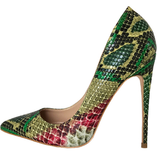 2021欧美新款绿色蛇皮高跟鞋细跟尖头浅口单鞋33 34小码女鞋大码