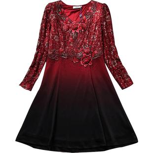 古贝莎秋冬新品妈妈女装婚庆宴会红色礼服长袖打底连衣裙子