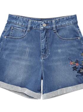 夏季宽松牛仔女高腰阔腿裤刺绣