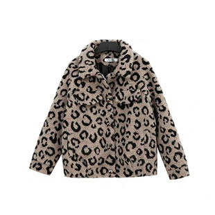 精品女装豹纹外套女短款2023新款冬季加棉宽松水貂绒上衣时尚短装