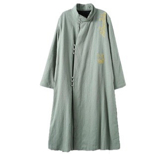 冬季银扣棉服 棉麻长款金线刺绣加绒连衣裙女 长袖毛里加厚长袍子
