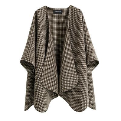 yuespace毛呢格子百搭斗篷大衣