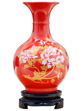 景德镇陶瓷器红色插花干花瓶家居工艺品酒柜客厅新房装饰品小摆件