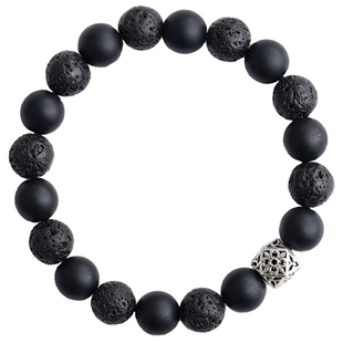 原创火山石手链天然黑玛瑙手串水晶岩黑曜石礼物男女情侣纯银正品