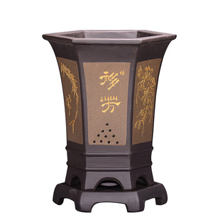 精品紫砂花盆兰花盆君子兰盆景盆室内大号古典六方带托盘陶瓷花盆