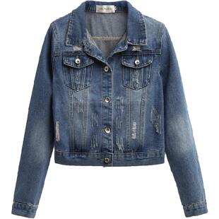 牛仔外套女春秋短款修身韩版学生长袖上衣破洞小个子高腰牛仔服