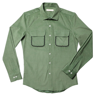 绿/黄色 英伦复古怀旧条绒/灯芯绒衬衫 文艺休闲口袋刺绣修身衬衣