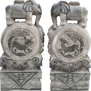子凡门墩石鼓石雕大象抱鼓石家用仿古做旧一对青石小象摆件石大象