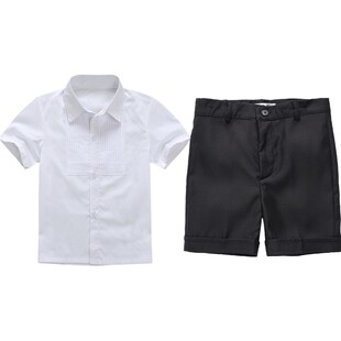 男童短袖白衬衫纯黑色西装短裤套装夏季儿童装衬衣礼服表演出服