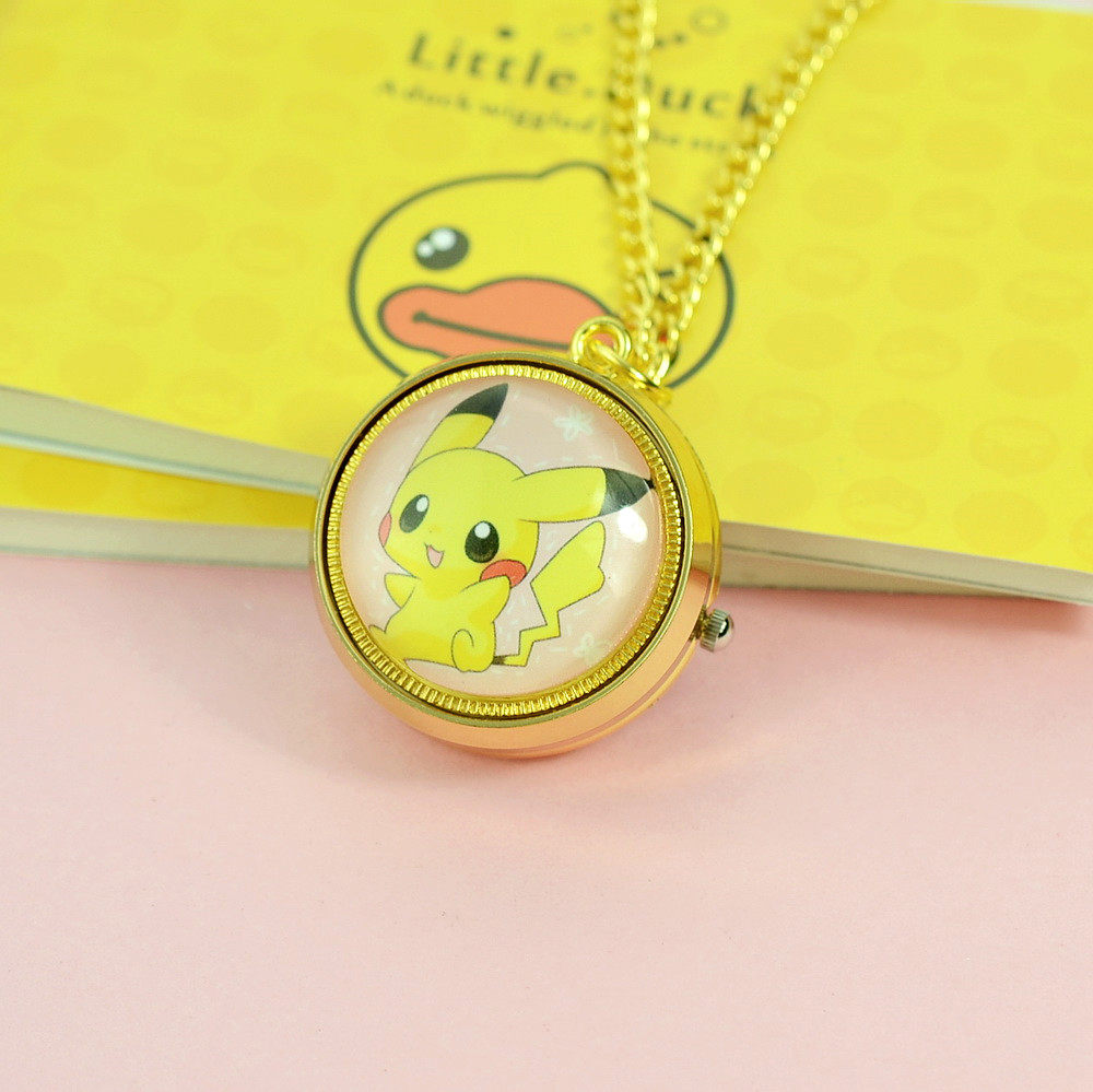 卡通复古翻盖可爱皮卡丘怀表可旋转挂表动漫女学生儿童礼物项链表