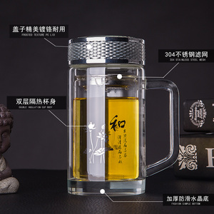 带把玻璃杯透明大容量办公室茶杯双层耐热带盖过滤男女士加厚水杯