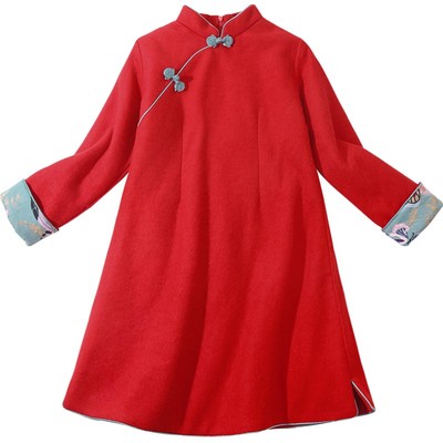 羊毛夹棉大红色冬款中式复古童装