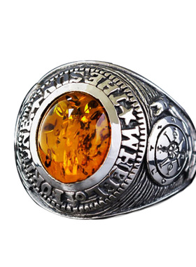 天然琥珀纯银复古男士戒子
