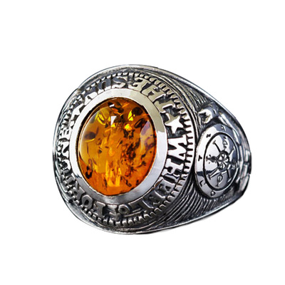 天然琥珀纯银复古男士戒子