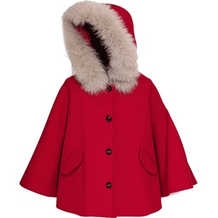 HERROYAL儿童冬装女童狐狸毛领羊毛斗篷大衣披风红色外套