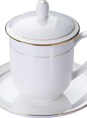 景德镇陶瓷茶具骨瓷带盖酒店水杯描金办公会议杯家用茶杯10只套装