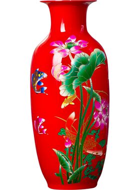 红色陶瓷百合客厅插花家居装饰
