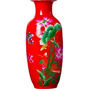 红色荷花瓶景德镇陶瓷摆件百合花瓶客厅插花花器瓷瓶现代家居装饰