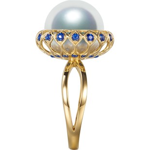 海梵纪 大溪地黑珠南洋天然海水白珍珠女戒 18K金蓝宝石澳白戒指
