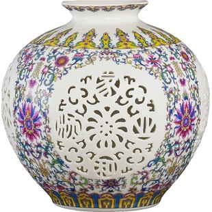 景德镇陶瓷花瓶摆件客厅插花粉彩镂空瓷器现代中式家居酒柜装饰品