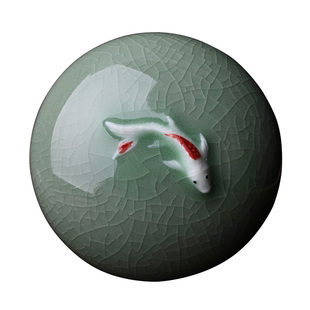 龙泉青瓷梅子青底纹开片裂纹鲤鱼彩鲤陶瓷文房四宝篆刻瓷缸印泥盒