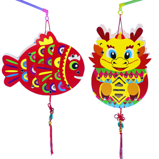 中秋节手提灯笼DIY材料包 LED发光 新年幼儿园中国风儿童手工灯谜