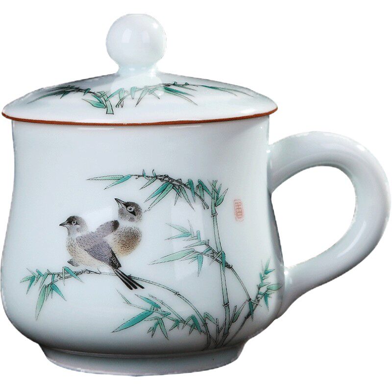 景德镇茶杯陶瓷带盖 青瓷瓷器家用小水杯办公室单杯个人杯子茶具