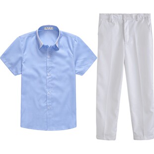 男童短袖衬衫纯白色西装长裤套装夏季儿童衬衣礼服孩钢琴表演出服