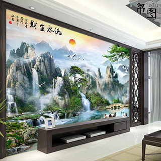 电视背景墙纸3D壁纸5D立体山水风景画中式客厅沙发装饰壁画8D墙布