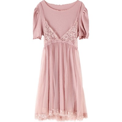 女短袖收腰蕾丝拼接针织网纱