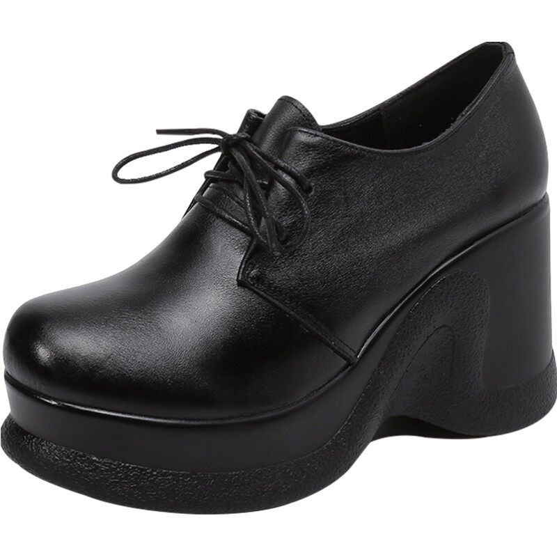 达令宝贝2026春季新款真皮休闲单鞋女厚底坡跟系带圆头舒适女鞋子