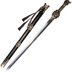 龙泉市泉字号宝剑镀金鱼皮铜柄游龙剑扭转花纹钢八面手工剑未开刃