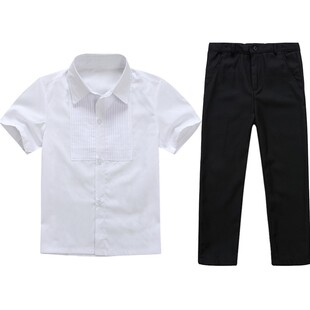 男童短袖白衬衫纯黑色西装长裤套装夏季儿童衬衣礼服男孩表演出服