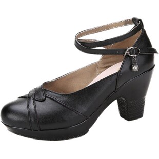 三步踩广场舞鞋女真皮浅口舞蹈单鞋粗跟厚底耐磨中高跟模特走秀鞋