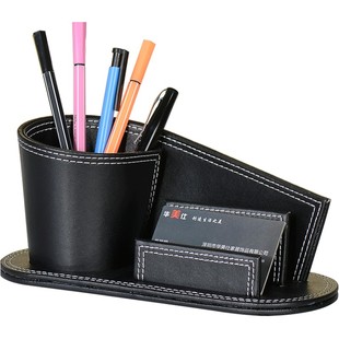 创意皮革多功能桌面笔筒收纳盒名片盒一体老板办公室礼品轻奢摆件