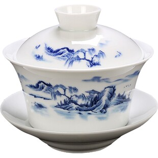 特大号青花盖碗陶瓷茶具茶碗白瓷大碗茶三才碗德化三炮台敬茶碗