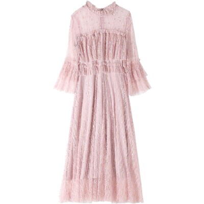 很仙的粉色甜美蕾丝网纱连衣裙仙女裙chic温柔法国小众2026春装