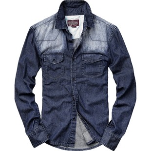 match麻吉牛仔衬衫男长袖外套秋季修身方领衬衣潮牛仔褂上衣G2265