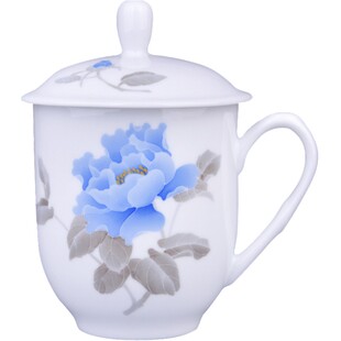 釉下彩中式手绘陶瓷办公杯带盖会议水杯家用大容量泡茶杯定制礼品